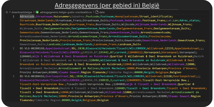 Schermafbeelding van een CSV document met adresgegevens voor België.